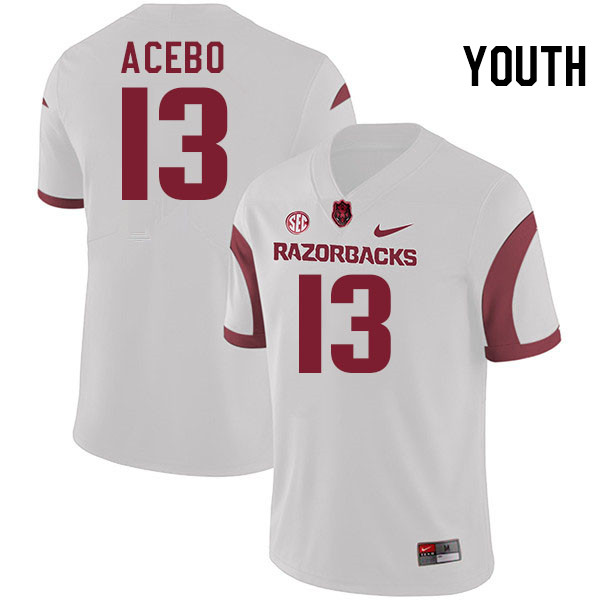 Youth #13 Rykar Acebo Arkansas Razorbacks College Football Jerseys Stitched-White